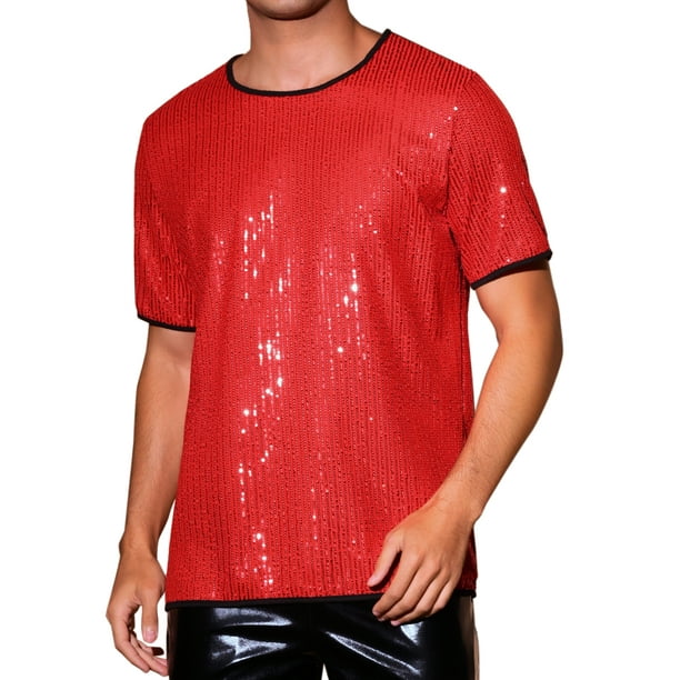 INSPIRE CHIC Camiseta de fiesta con lentejuelas metálicas de manga corta para hombres XL roja