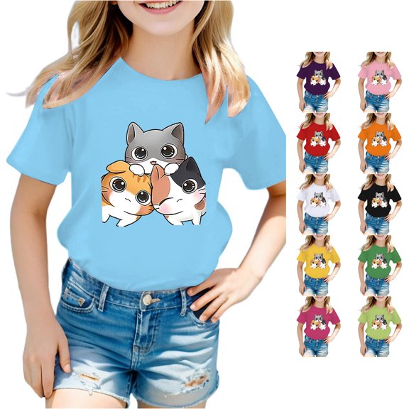 WhouRiu Girls Cartoon Graphic Tees Kids Short Sleeve Crew Neck Tshirt Comfortable Cute Casual Summer T Shirts,3-4 Years