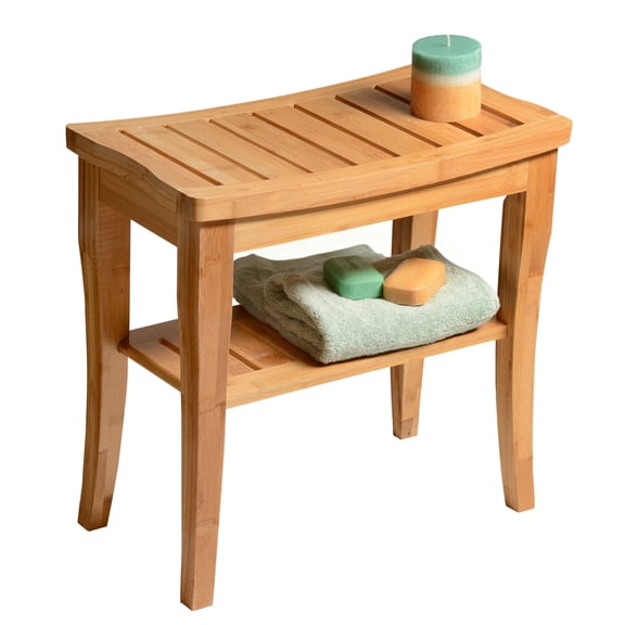 Bamboo Shower Bench - Small Wooden Shower Stool with Storage Shelf, Non-Slip Bathroom Seat, Spa Decor Bath Bench, Foot Rest Shaving Stool for Shower, Indoor Outdoor Use, Great Gift Idea (17x 9x17)