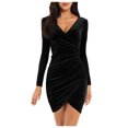 thumbnail image 2 of Womens Solid Color Wrap V Neck Long Sleeve Velvet Bag Hip Ruched Cocktail Party Dress, 2 of 6