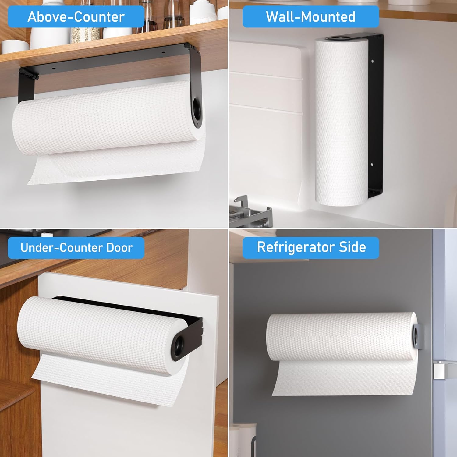Paper Towel Holder Under Cabinet, Wall Mount Towels for Kitchen Counter, Self Adhesive and Drilling, Heavy-Duty Hanging Roll Inside Cabinet Door, Black