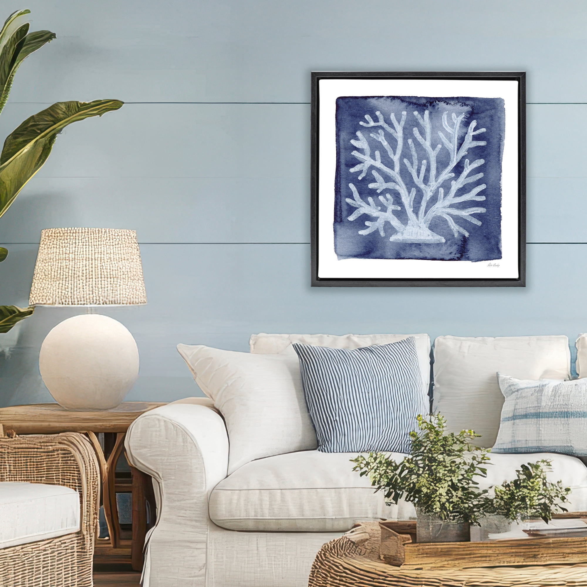 Stupell Industries White Coral on Indigo Black Framed Floater Canvas Wall Art, design by Patti Bishop