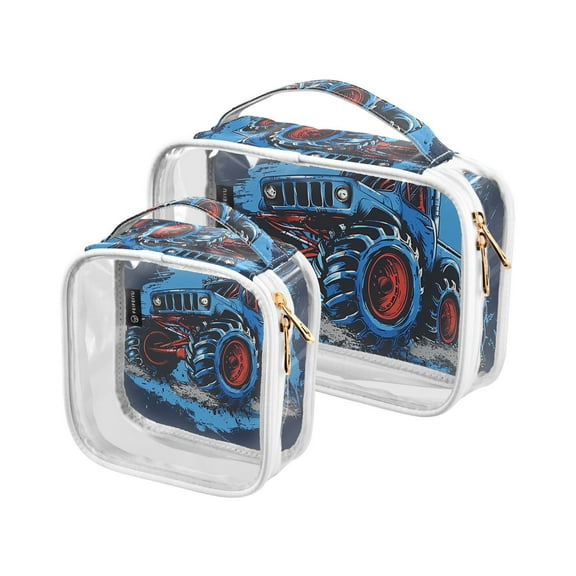 Monster Truck Clear Cosmetic Bags with Handles PVC Toiletry Bags Zipper Waterproof Portable for Traveling 2 Pcs