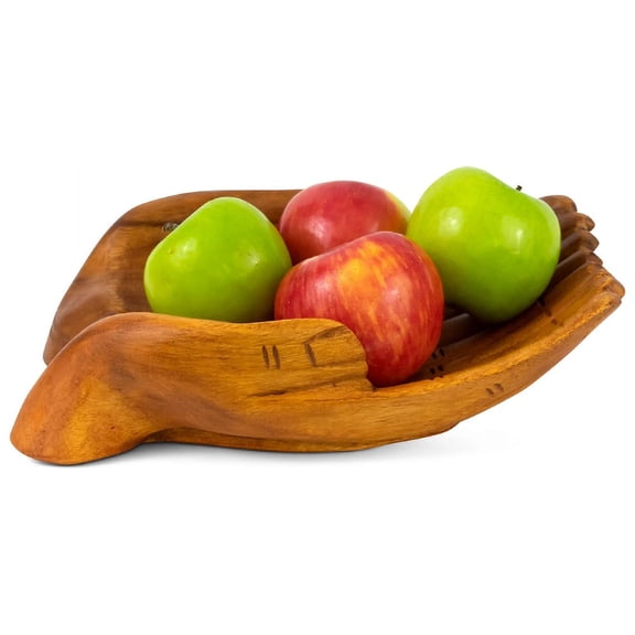 12" Wooden Hand Carved Decorative Two Hands Fruit Salad Serving Bowl Centerpiece Handmade Home Decor Gift Artwork Handcrafted Storage Wood Two Palms