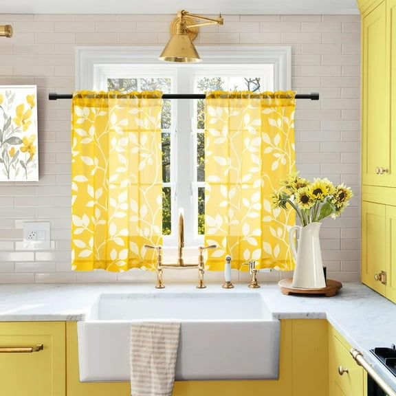 Yellow Cafe Kitchen Curtains 36 Inch Length,Floral Sunflower Decor Tier Curtains Sets for Windows,Bright Lemon Yellow and White