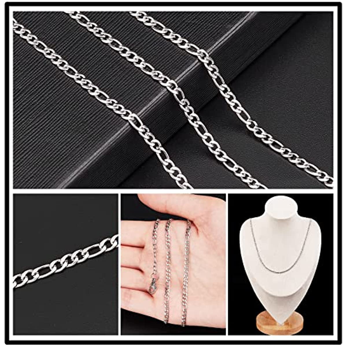 DIY 10M 32.8 Feet 3MM Silver Chain Roll Figaro Chains Silver Plated Necklace  Stainless Steel Cable Long Craft Link Chain Bulk for Jewelry Making Kits  Necklaces Bracelets Crafting Supplies 