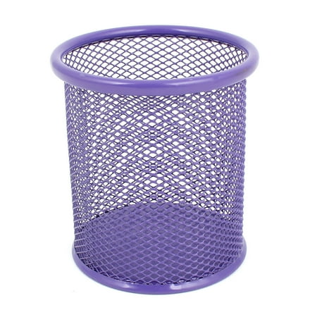 9cm Dia Cylinder Mesh Shaped Purple Metal Pen Pencil Holder Desk