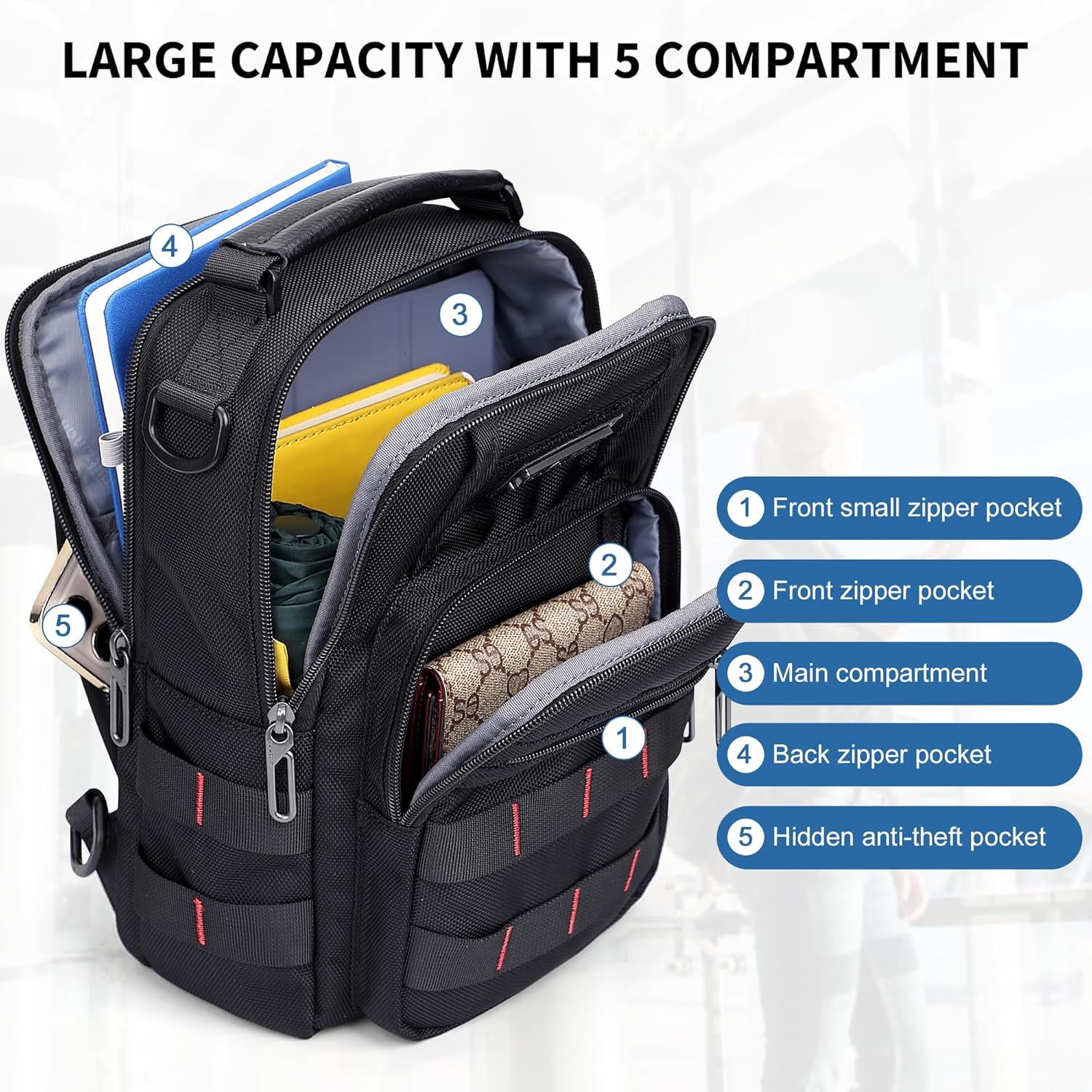 WITZMAN Sling Bag for Men Travel Crossbody Chest Bag with USB Charging Port for Casual Daily Work(B730 Black)