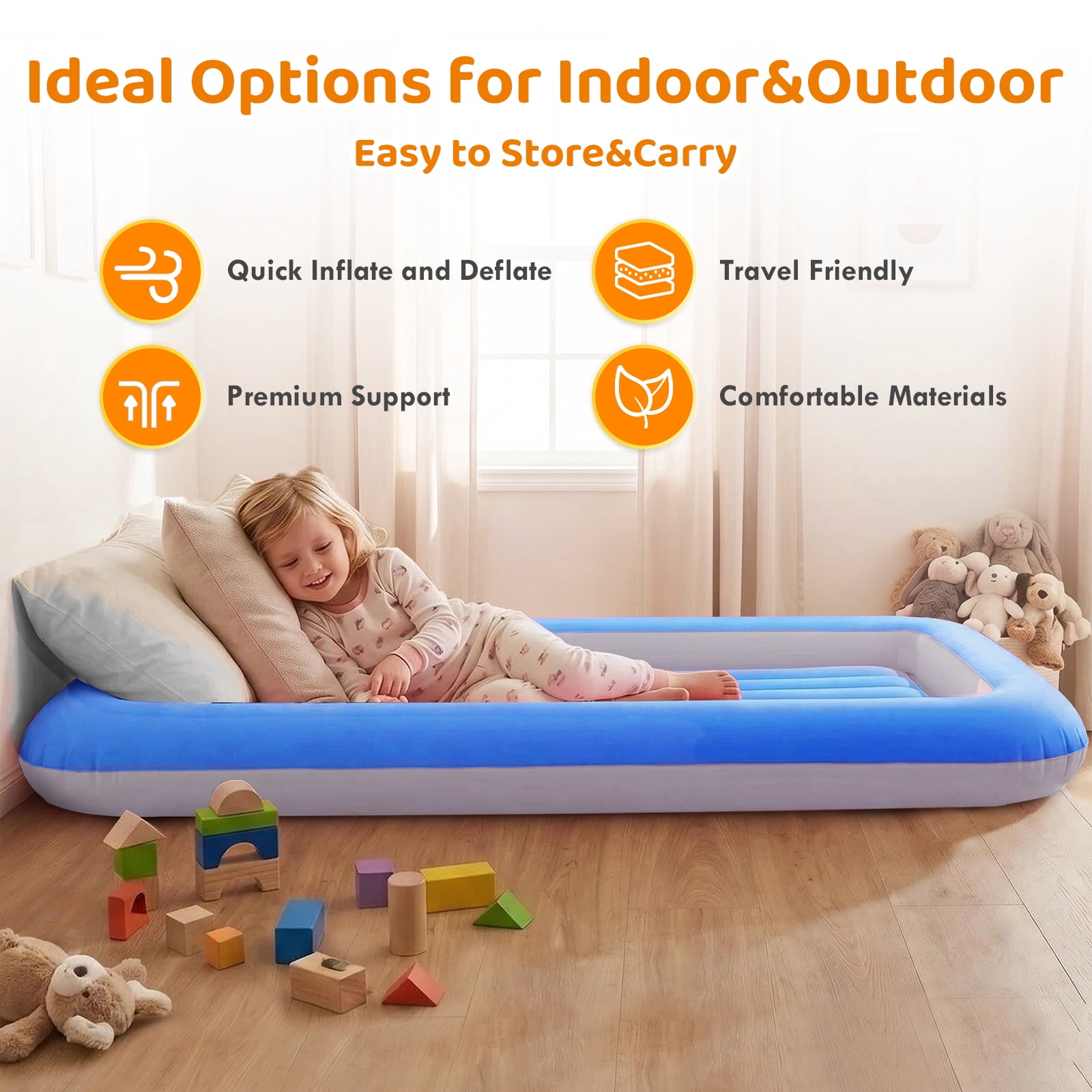 Honeydrill Travel Air Mattress Inflatable Air Bed Blow Up Mattress with Raised Sides, Blue