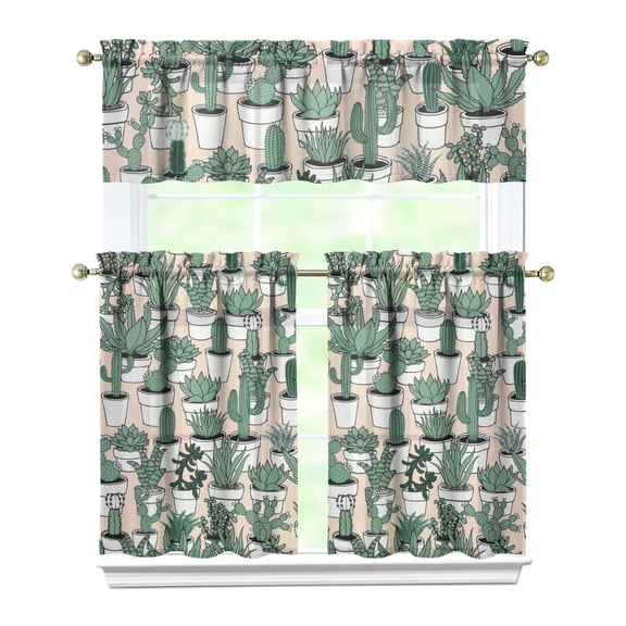 Desert Cactus Art Kitchen Curtains - 3-Piece Set with Semi-Sheer Panels, Minimalist Botanical Tier Curtains for Farmhouse Decor