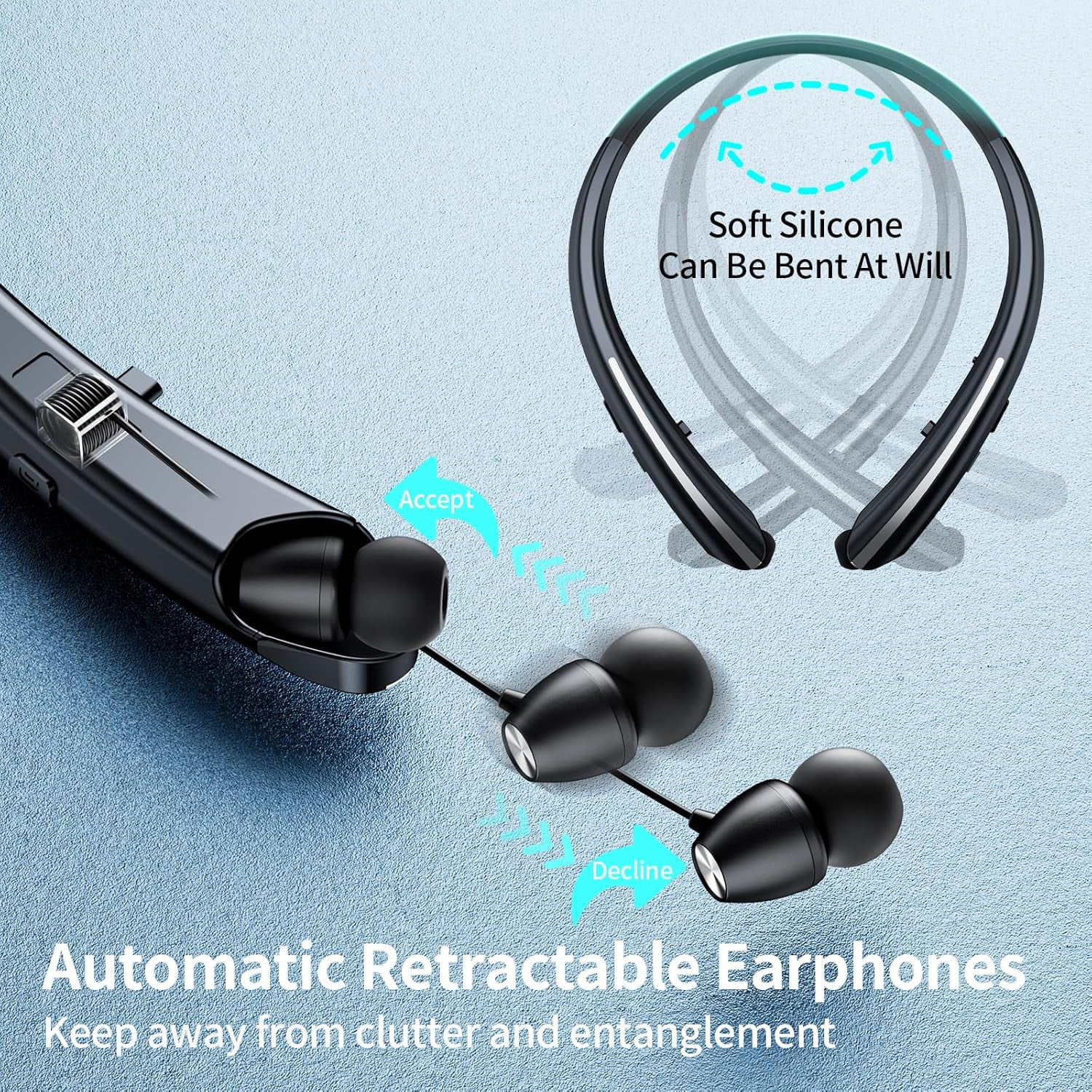 Retractable Neckband Bluetooth Headphones, Wireless Stereo Earbuds with Mic, Bluetooth Headset Noise Cancelling, Vibration Alerts, IPX5 Sweatproof, Sports, Workouts & Driving (Black)