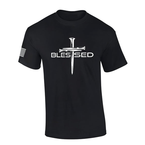 Mens Christian Shirt Nail Cross Blessed Short Sleeve T-shirt Graphic Tee-Black-small