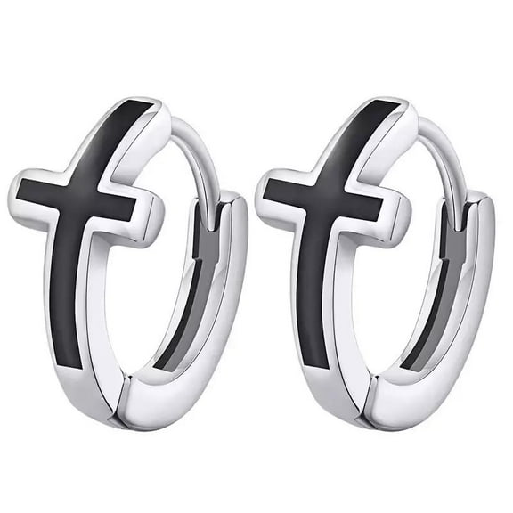 Stainless Steel Huggie Hoop Men Women Earrings Religion Cross Black Silver E38