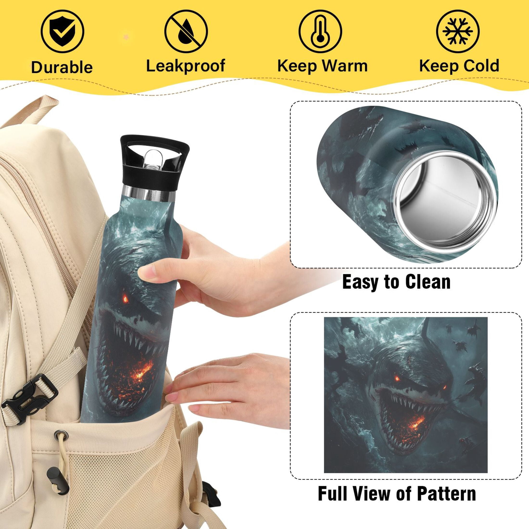 Kids Insulated Stainless Steel Sports Water Bottle 600ml (20oz), BPA-Free Scary Shark