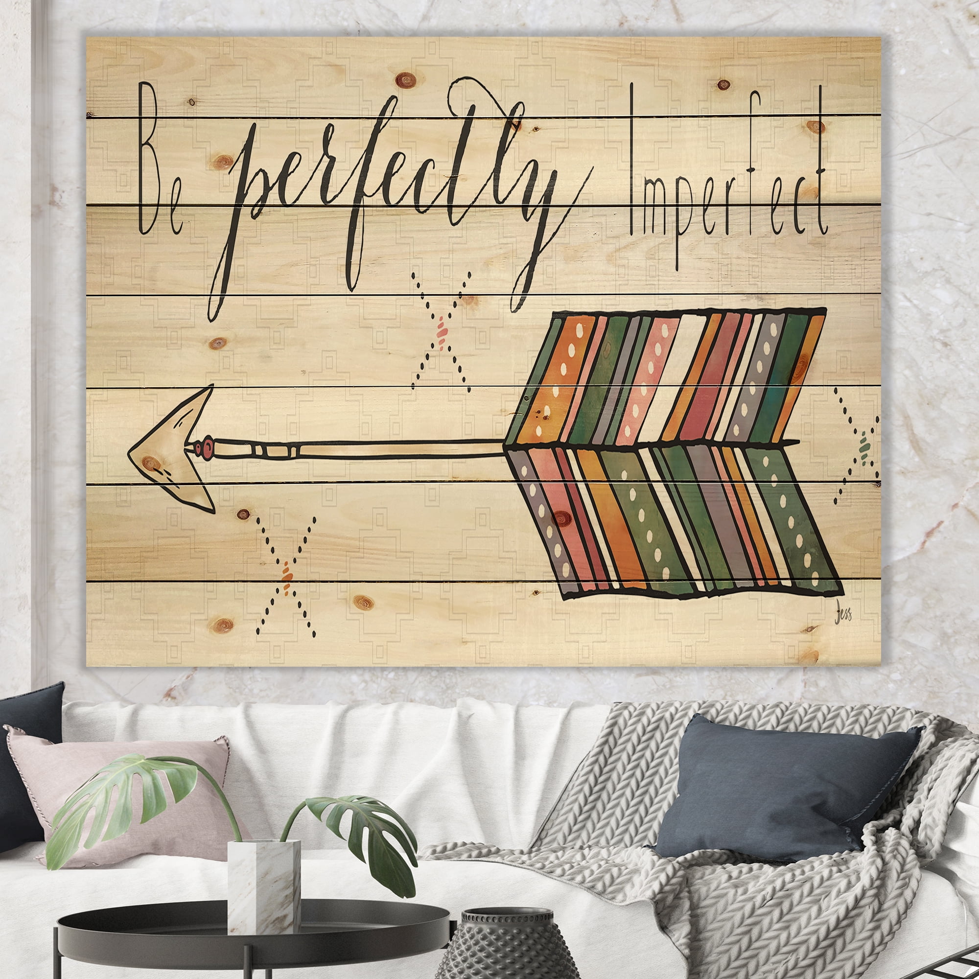 Designart 'Be perfectly imperfect Boho Arrow I' Bohemian & Eclectic Print on Natural Pine Wood