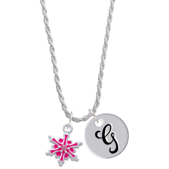 Delight Jewelry Hot Pink Snowflake with Hot Pink Crystal Silvertone Script Initial Disc - G - Charm Necklace, 20"+3"