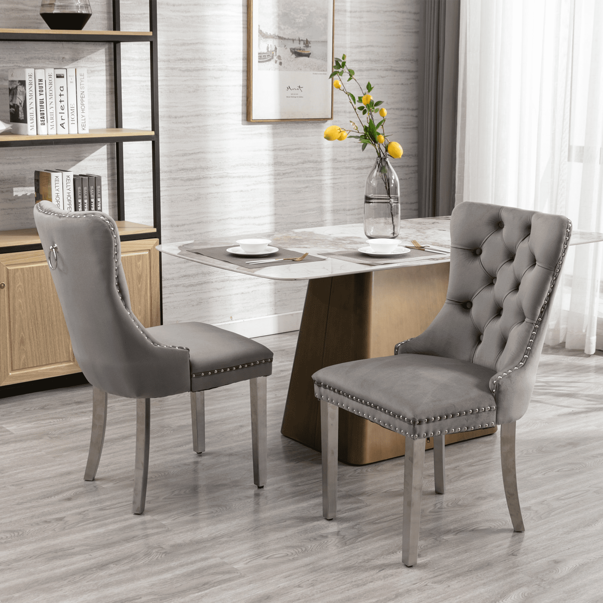 LegaHome Dining Chairs Set of 2, Modern Upholstered Velvet Dining Room Chairs with Nailhead Trim and Chrome Stainless Steel Plating Solid Wood Legs, Tufted Button Padded Chairs Set for Kitchen, Gray