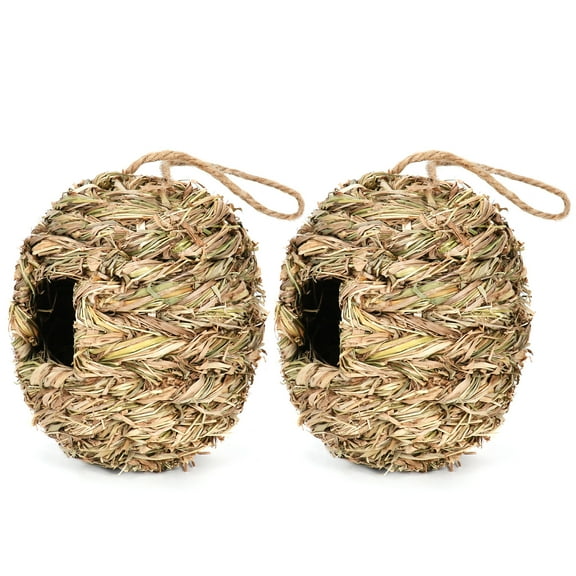 2-Pack Natural Woven Bird Houses - Outdoor Hanging Swinging Bird Nests for Garden, Yard, Patio & Balcony Decor to Attract Wild Birds