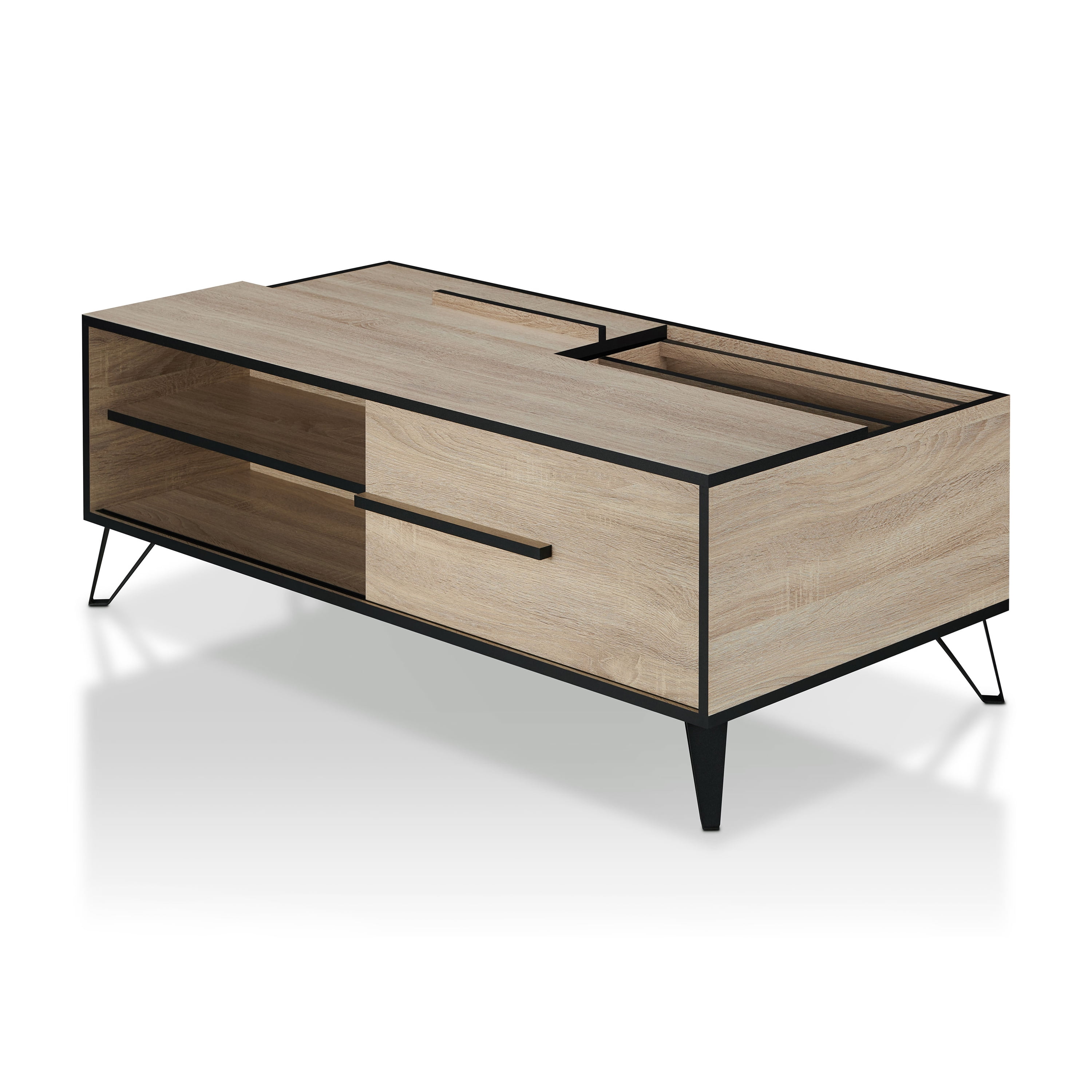 Furniture of America Saran Multi-Storage Coffee Table, Natural Oak
