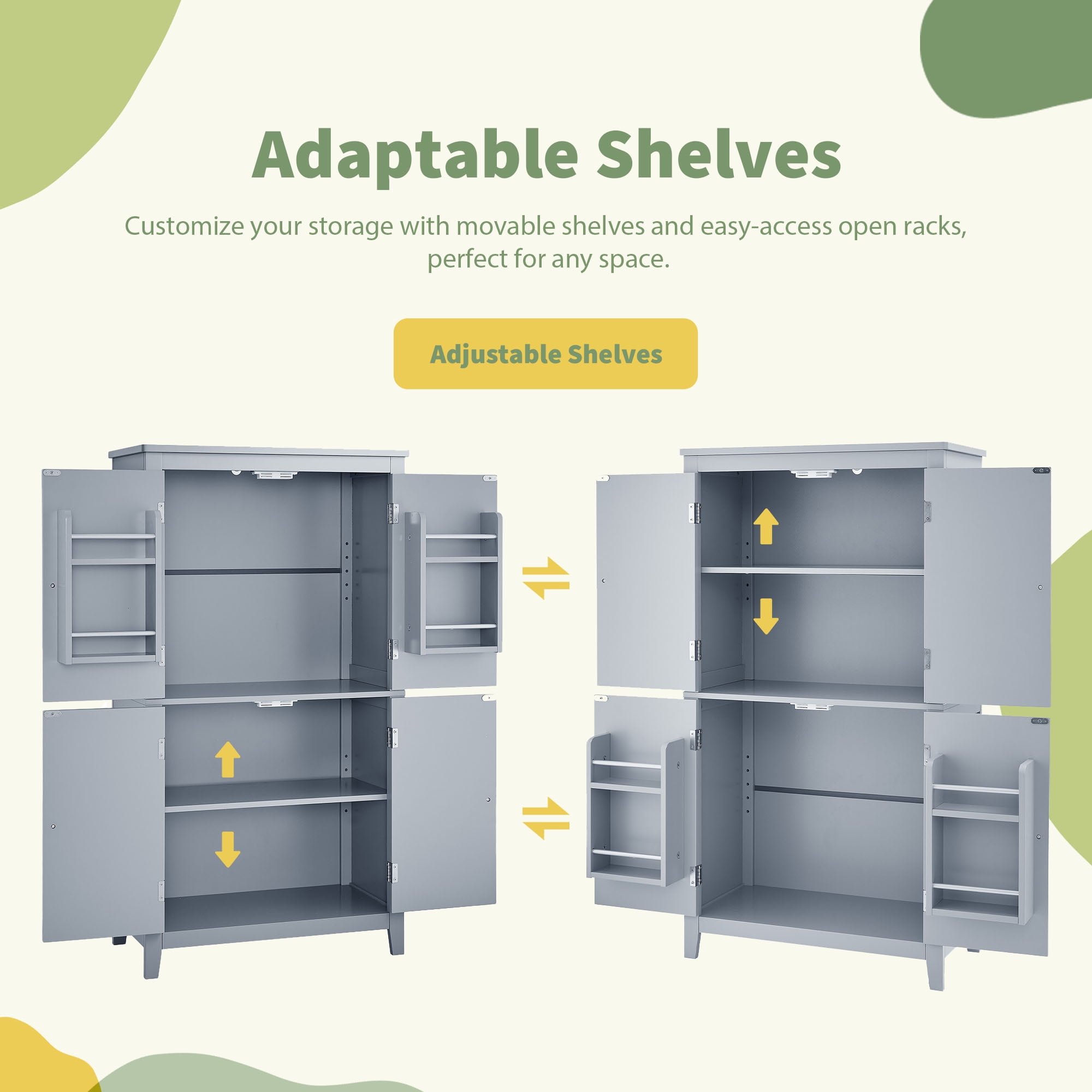 Grey MDF Bathroom Floor Storage Cabinet with 4 Doors and Adjustable Shelves