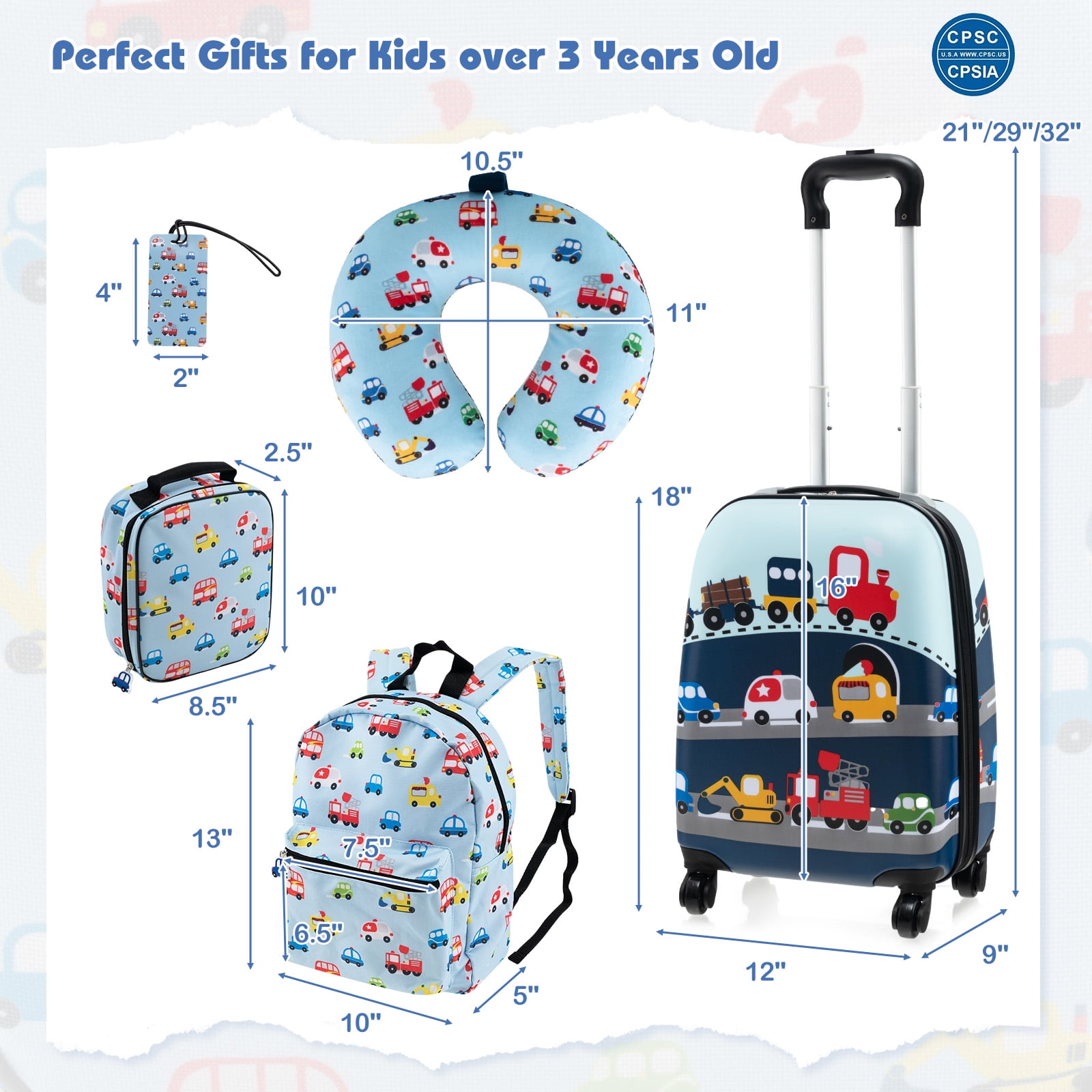 Infans 5 PCS Kids Luggage Set w/ Backpack Neck Pillow Luggage Tag Lunch Bag Wheels