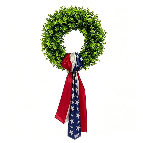 Memorial Day Saving!4th of July Decorations, 18.5x40.2In Eucalypts Wreath With Red White Blue Star Stripe Ribbon Front Door Decor