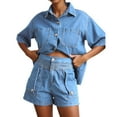 thumbnail image 3 of ibiyuan 2 Piece Summer Sets For Women Women's Casual Short Sleeve Button Down Shirt and Shorts Two Piece Set Comfortable Pure Color Outfit for Spring Summer Daily Wear, 3 of 10