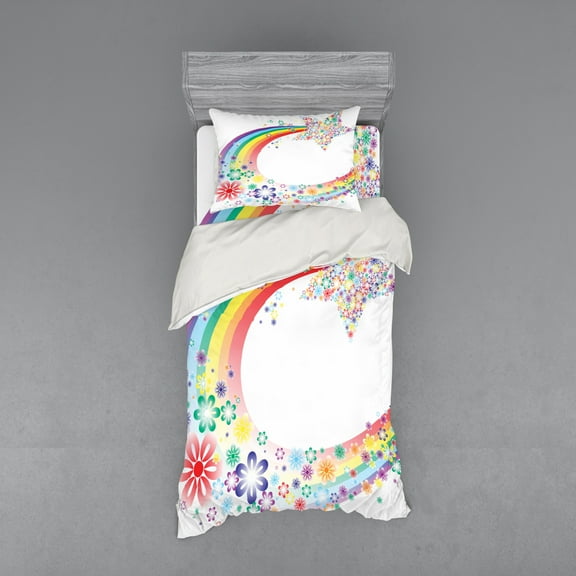 Abstract Duvet Cover Set, Abstract Nature Fantasy Spring Floral Rainbow Stars Flowers Cheerful Fun Design, Bedding Set with Shams and Fitted Sheet, 3 Sizes, by Ambesonne