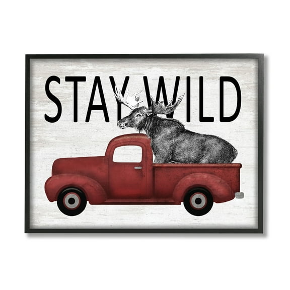 Stupell Industries Stay Wild Moose Antique Red Pickup Truck Graphic Art Black Framed Art Print Wall Art, Design by Lettered and Lined