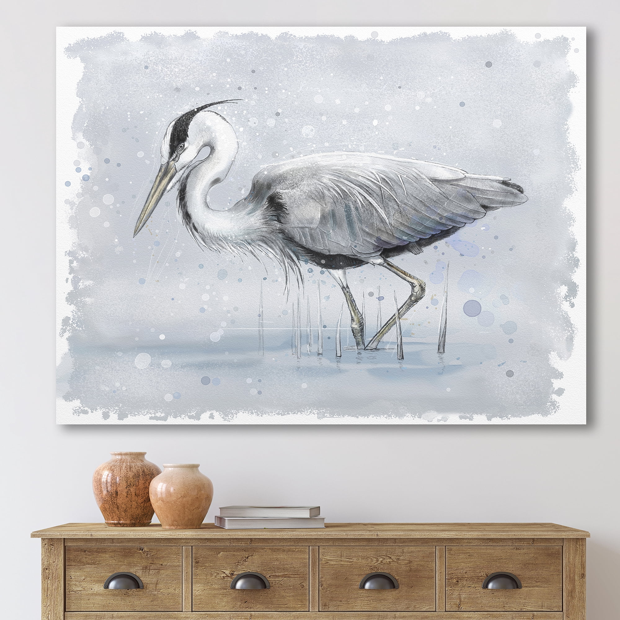 Designart ' Grey Heron Bird In Lake ' Farmhouse Canvas Wall Art Print