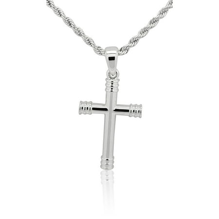 Classic Rope Chain 14K White Gold Plated Solid Iced Out Hip Hop Bling Classic Tube Cylinder Cross Pendant with 24 inch Rope Necklace Chain ()