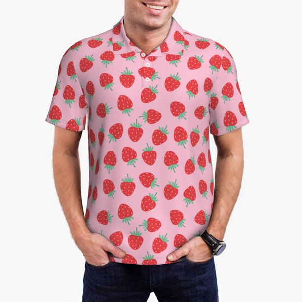 Balery Hand Drawn Strawberry Camisa Polo de Hombre con Estampado, de Manga Corta y Tejido Medio, Camisa Tipo Golf Polo-X-Large