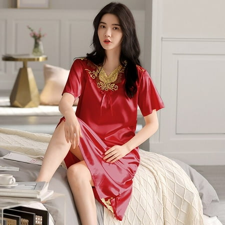 

QWZNDZGR Summer 4XL Faux Silk Female Sexy Sleepwear Ladies Nightwear Dress for Womens Nightgowns Sleepshirts Elegant Nightgowns Homewear