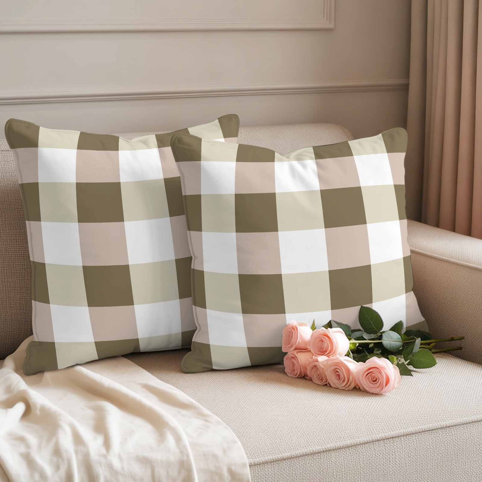 Pack of 2 Outdoor Pillow Covers,Waterproof Brown Plaid Throw Pillow Covers,Spring Summer Farmhouse Buffalo Checkered Decorative Pillowcases Cushion Covers for Couch Pillow Sham Protector 18x18 Inch