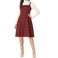 thumbnail image 2 of INSPIRE CHIC Women's Suspender Dress Retro Plaid Square Neck A-Line Midi Overall Dress M Red, 2 of 6