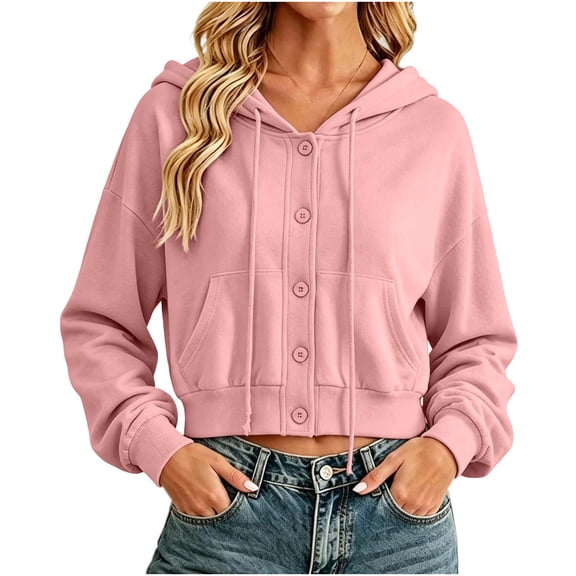 Luvrsol Hoodies Women Cropped Jacket Button Front Hooded Long Sleeve Drawstring Top with Pockets S-2XL