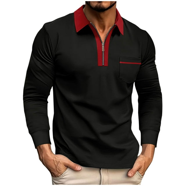 pstuiky camisas de manga larga para hombre, Camisa de manga larga con cuello abatible y bolsillos con bloqueo de color y cremallera para hombre Tops casuales para hombres xl