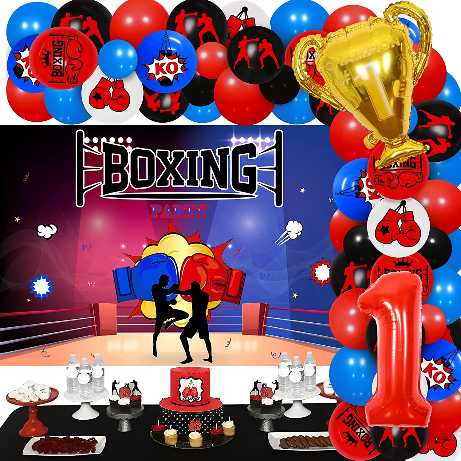 Boxing 1st Birthday Decoration Balloon Garland Kit Red Blue, Round One