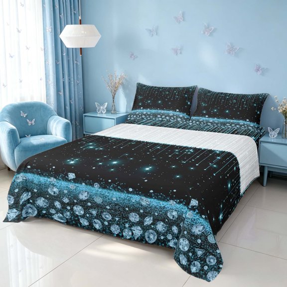 Homewish Princess Blings Queen Sheets for Girls, Black Cyan Queen Sheet Sets, 4pcs (1 Flat Sheet, 1 Fitted Sheet and 2 Pillowcases)