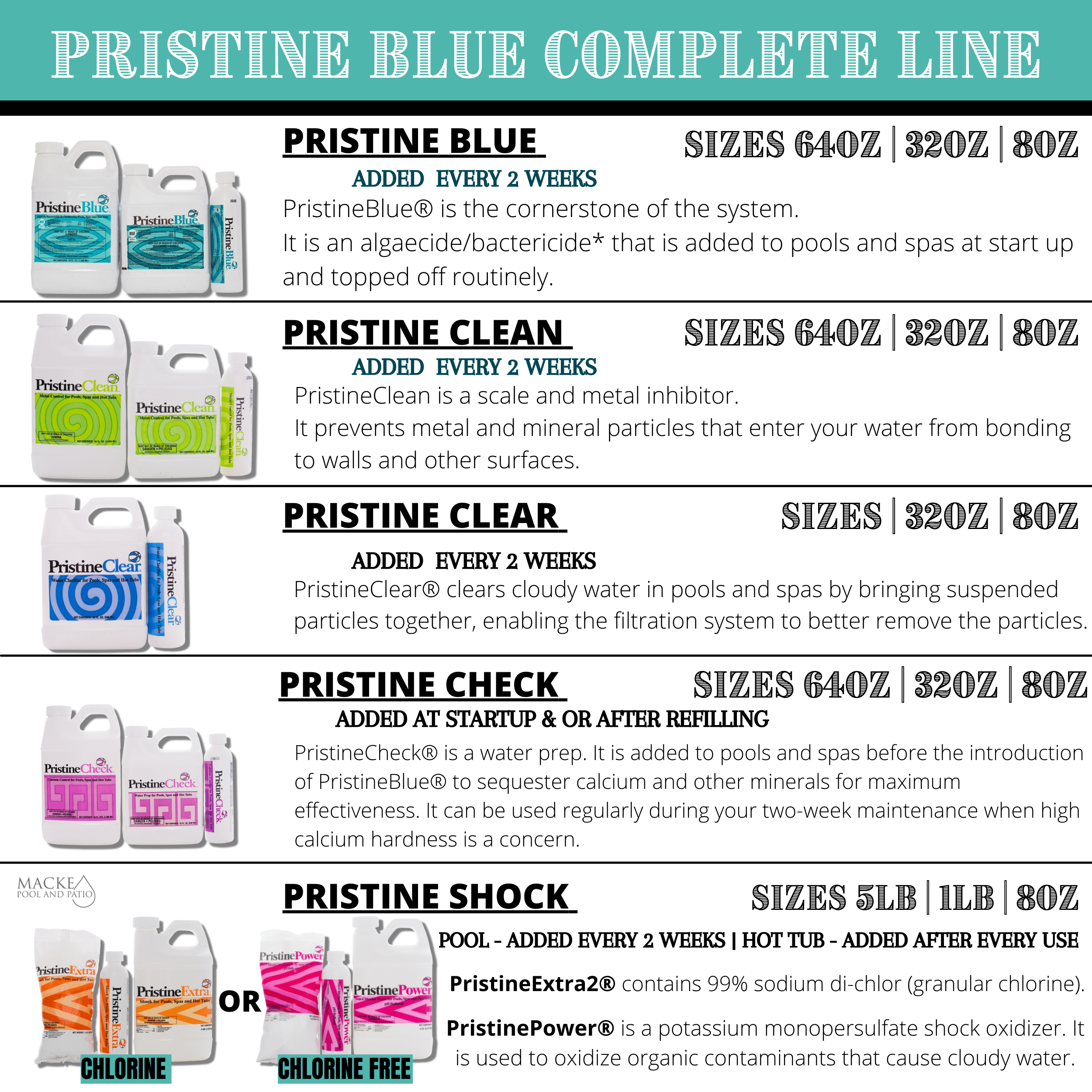 Pristine Extra Chlorine Shock 4 lb container with Macke Pool Product Guide