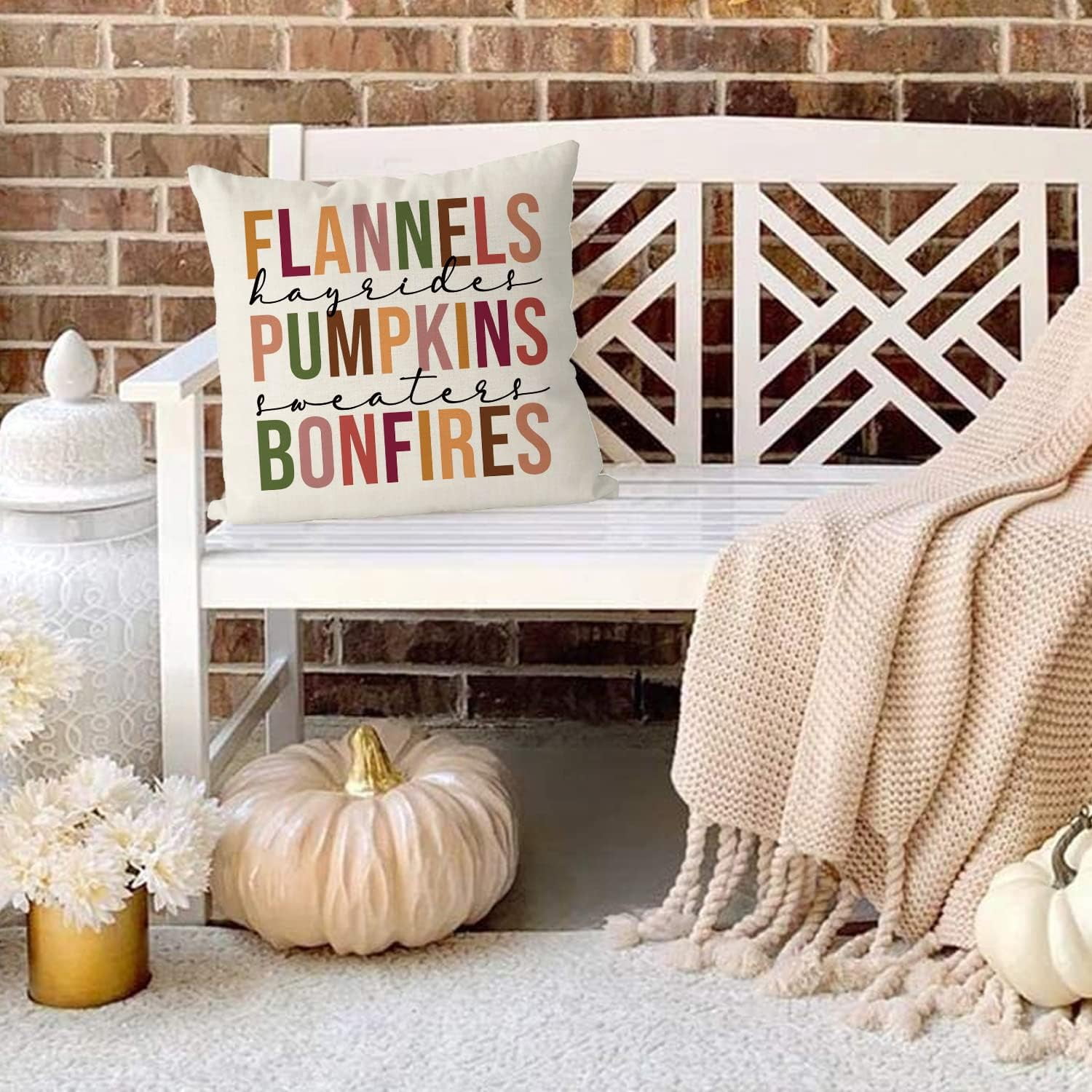 Fall Pillow Covers 16x16 Inch - Pumpkin & Bonfire Flannel Linen, Farmhouse Decor, Throw Cushion Cover For Sofa Bedroom - View #10