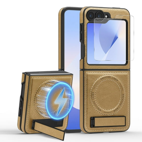 Dteck Magnetic Case for Samsung Galaxy Z Flip 7 with Screen Protector, Compatible with Magsafe Accessory, Invisible Kickstand Luxury PU Leather Anti Slip Slim Shockproof Protective Case, Desert Gold