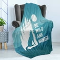 thumbnail image 4 of Adventure Soft Flannel Fleece Throw Blanket, Hand Drawn Be Wild and Wonder Words Howling Wolf in the Woods Under Moon, Cozy Plush for Indoor and Outdoor Use, 50" x 70", Night Blue White, by Ambesonne, 4 of 5