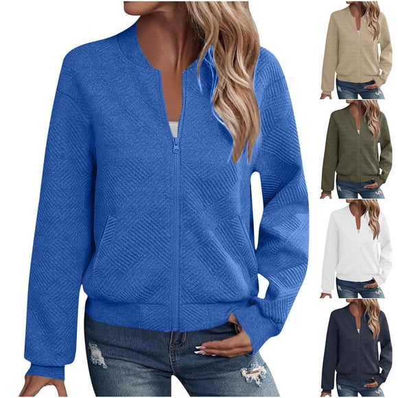 Wiyuqeen Manteaux d'Automne pour Femmes à Fermeture Éclair Complète, Blouson Bomber à Manches Longues, Coupe-Vent Uni Texturé, Manteaux Légers avec Poche