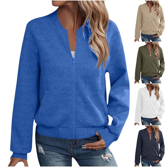 BiZtdJrK Veste Zippée pour Femmes Texturée Ample Décontractée Chandail en Molleton Extérieur Manches Longues Veste de Baseball avec Poches Vert Armée m