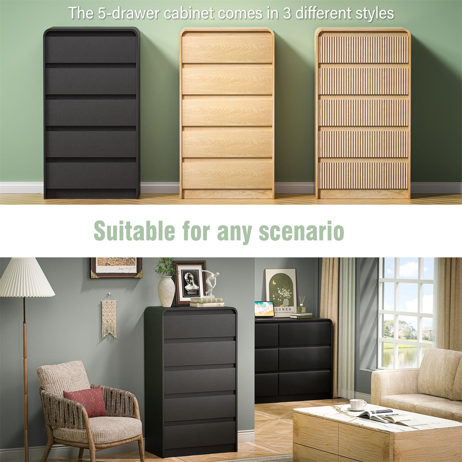 Hommoo Modern 5-Drawer Tall Dresser for Bedroom, Engineered Wood Chest of Drawers, Curved Mid-Century TV Stand & Storage Unit, 45" Space-Saving Design for Small Spaces, Black