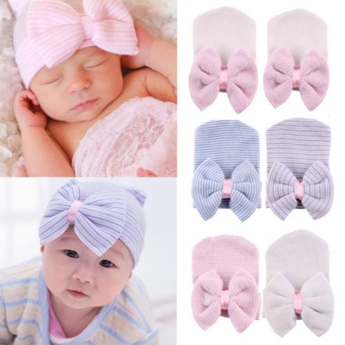 Baby Girls Infant Colorful Striped Cap Hospital Newborn Soft Beanie Hat with Bow
