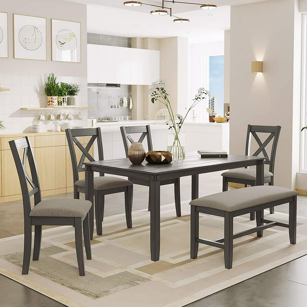 6 Piece Dining Table Set, Wood Dining Room Table and 4 Chairs with ...