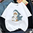 thumbnail image 2 of Camiseta Kawaii con estampado de tiburón y gato para mujer, remera coreana Harajuku de manga corta, playera con estampado de animales divertidos 2024, 2 of 5