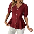 thumbnail image 2 of Mifsaly Womens Peplum Tops V Neck Puff Sleeve Button Down Shirts Ruffle Hem Fitted Waist Summer Casual Elegant Tunic Top Wine,XXL, 2 of 7